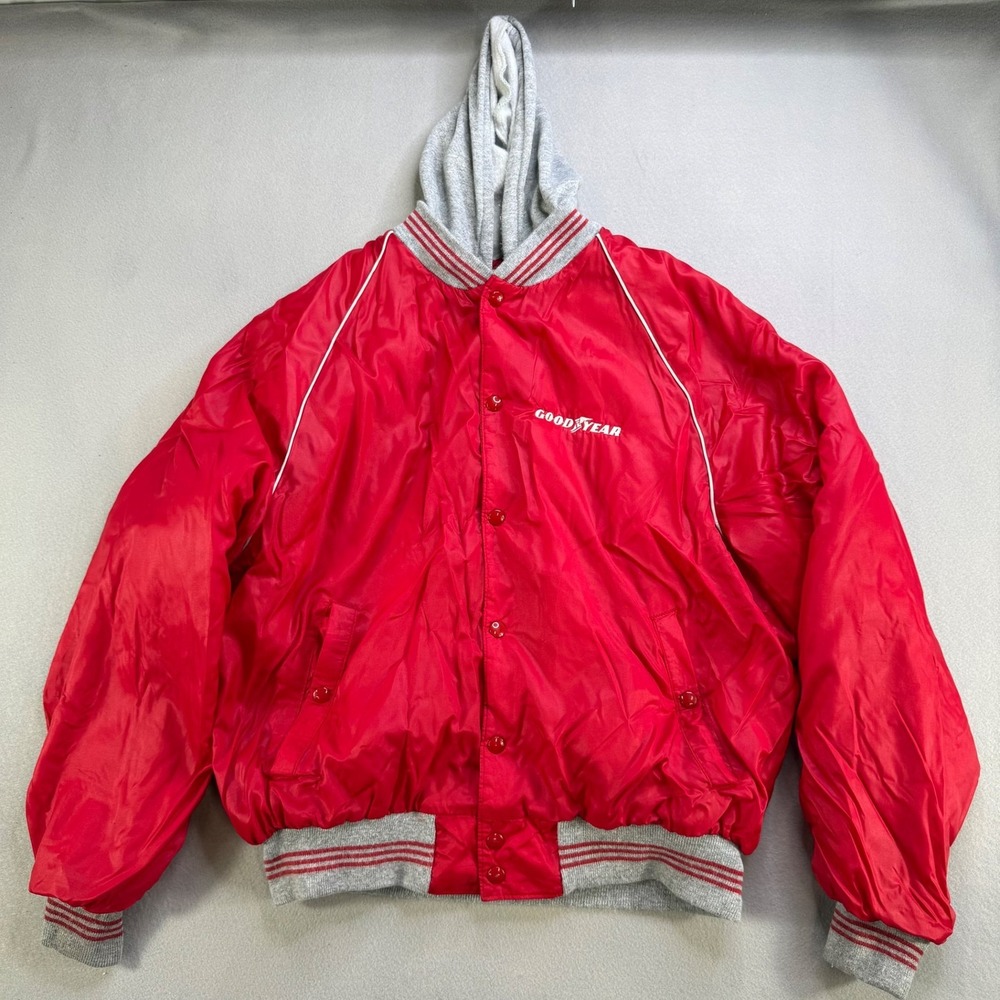 KING LOUIE Goodyear Varsity‎ Jacket Red Snap Button Hooded Sz L